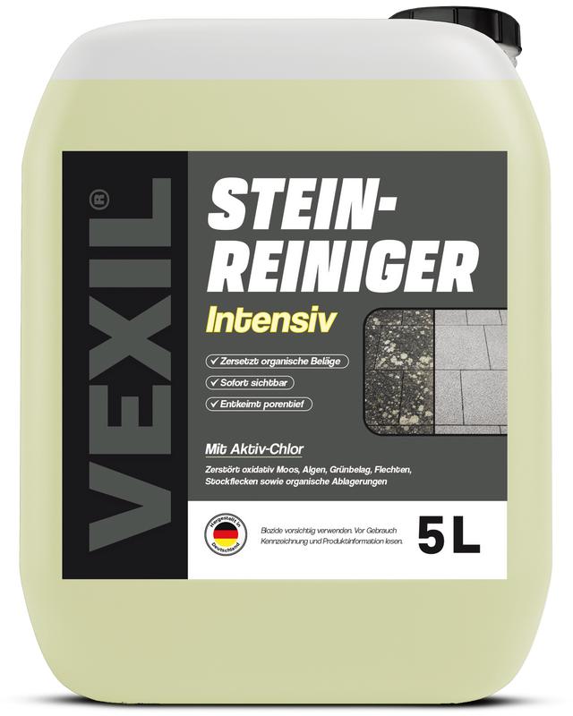 VEXIL Steinreiniger INTENSIV – 5L – mit AKTIV-CHLOR für SCHNELLE ERGEBNISSE – vernichtet Moos, Algen, Flechten, Pilzbefall, Grünbelag & Grauschleier – für Terrasse, Pflaster, Beton & Naturstein