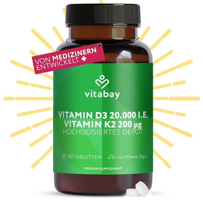Vitamin D3 20.000 I.E. + K2 200 µg - 180 vegane Tabletten