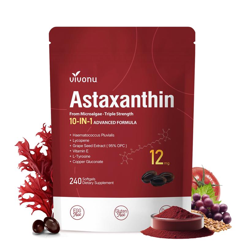 Vivonu Astaxanthin 10-in-1 Komplex 12 mg, 4 Monate Versorgung, Antioxidatives Astaxanthin aus frischer Haematococcus Pluvialis, mit Lycopin, Traubenkernen, Vitamin E und weiteren Inhaltsstoffen | Unterstützt die Gesundheit von Augen, Gelenken und Haut