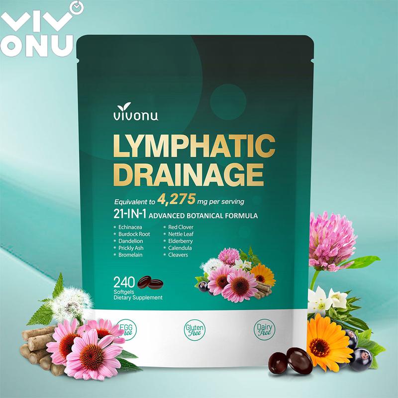 VIVONU Lymphdrainage-Nahrungsergänzungsmittel, 240 Kapseln, 4275 mg zur Unterstützung des Lymphsystems für Männer und Frauen, 21-in-1 Kräutermischung mit Echinacea-Blüte, Löwenzahn, Klette, Bromelain, Ringelblume, Kurkuma und mehr.