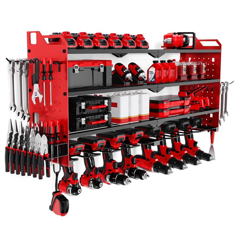 Wandorganizer für Elektrowerkzeuge, Garage-Werkzeugaufbewahrung, 4-stöckiger Organizer für Akkugeräte mit 8 Bohrfachplatten, Garage-Prakthelfung, Geschenk für Männer