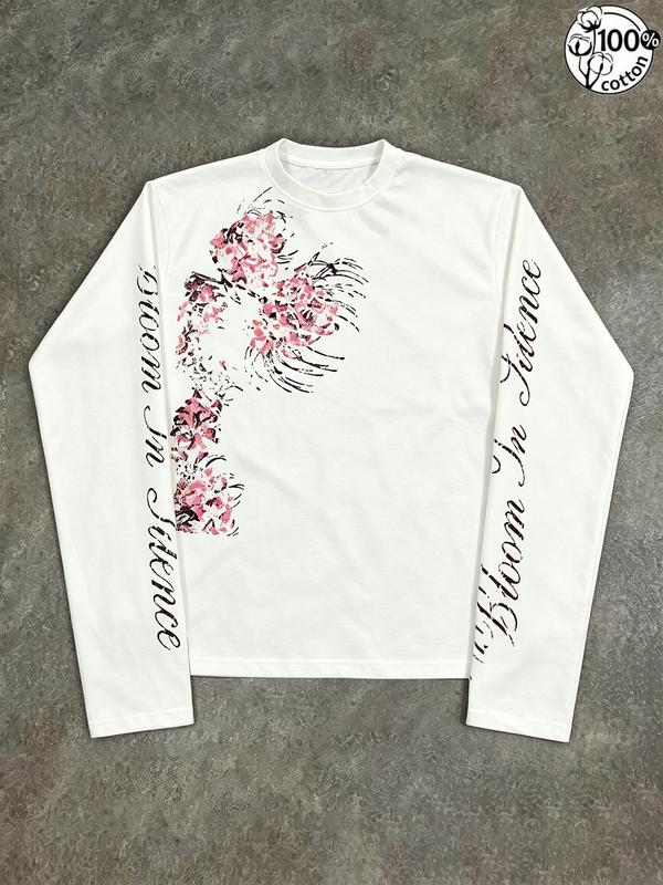 Weißes Unisex-Langarmshirt aus 100 % Baumwolle, diagonaler Blumenprint im Used-Look und Schriftzug an beiden Ärmeln, amerikanischer süß-cooler Vintage-Stil, kurz und schmal geschnitten