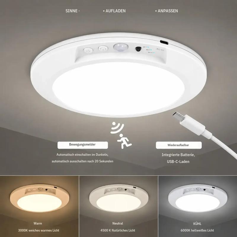 Wiederaufladbare Deckenleuchte mit Bewegungssensor, diese tragbare LED-Leuchte ist energieeffizient und wird mit Fernbedienung geliefert. Es bietet drei einstellbare Lichtfarben und mehrere Helligkeitsstufen, so dass es für Innenschränke geeignet ist