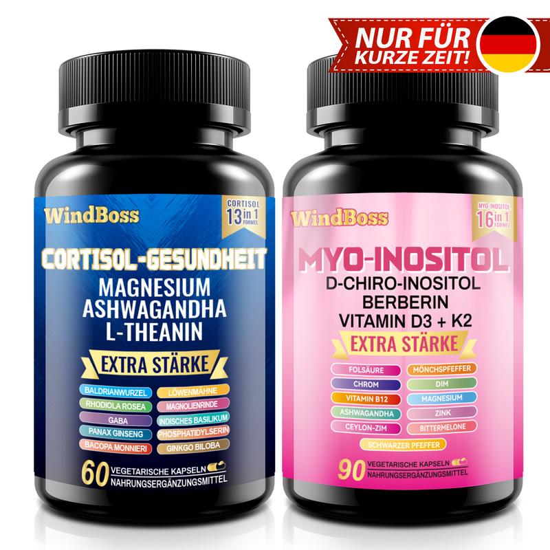 WindBoss Cortisol-Inositol, 2 Flaschen | Enthält 29 Nährstoffe | Pflanzliche Extrakte | Nahrungsergänzungsmittel zur Förderung des körperlichen und geistigen Gleichgewichts und der Gesundheit | Vegan, glutenfrei | Vorteilspaket: 2 Sets versandkostenfrei