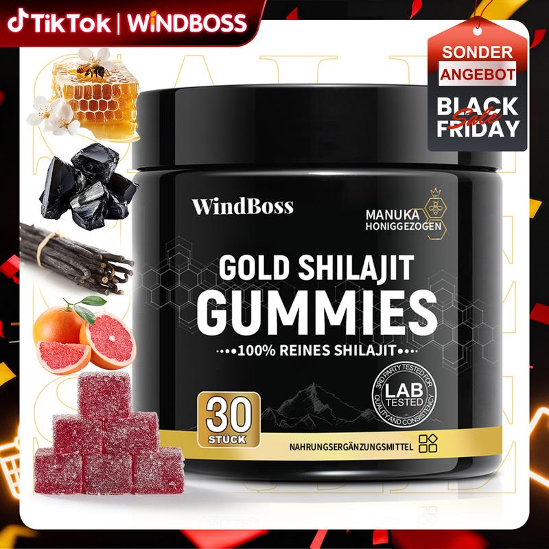 WindBoss Gold Shilajit Gummies - 30 Stück Bio-Gummibärchen mit Granatapfelgeschmack & Manuka-Honig - 100% reines Shilajit - Laborgetestet & ohne Füllstoffe,2 Kostenlose Lieferung