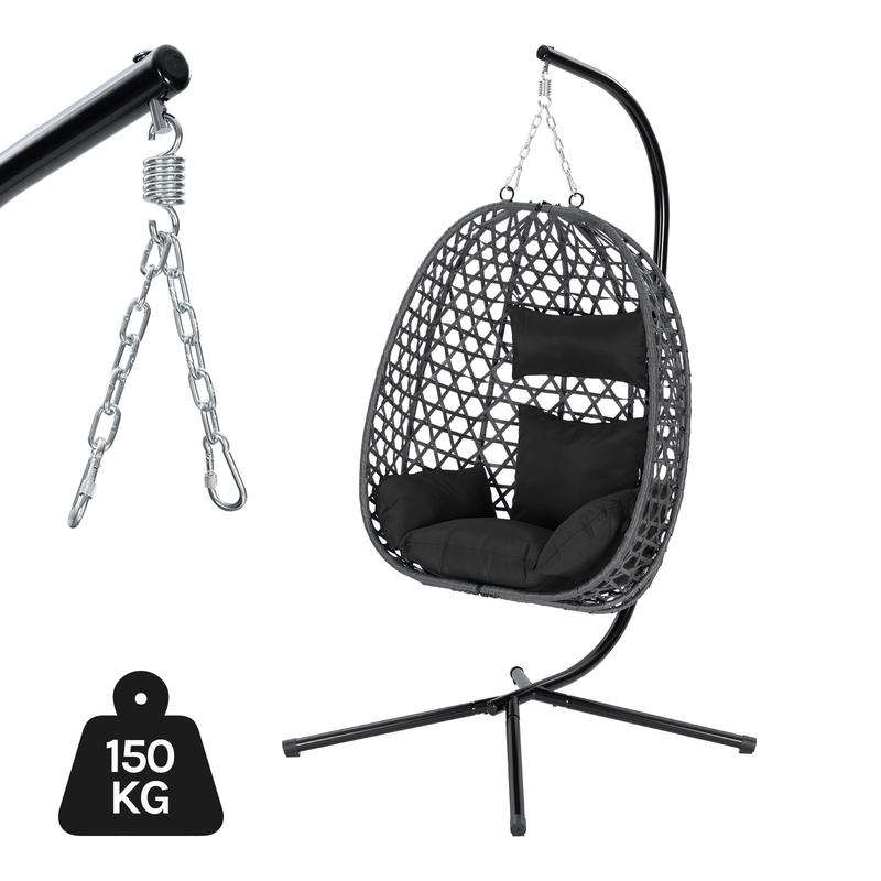 WOLTU Hängesessel mit Gestell, bis 150 kg belastbar, PE-Rattan Hängestuhl, mit Sitzkissen und Kopfstütze, für Indoor und Outdoor, Anthrazit egg chair