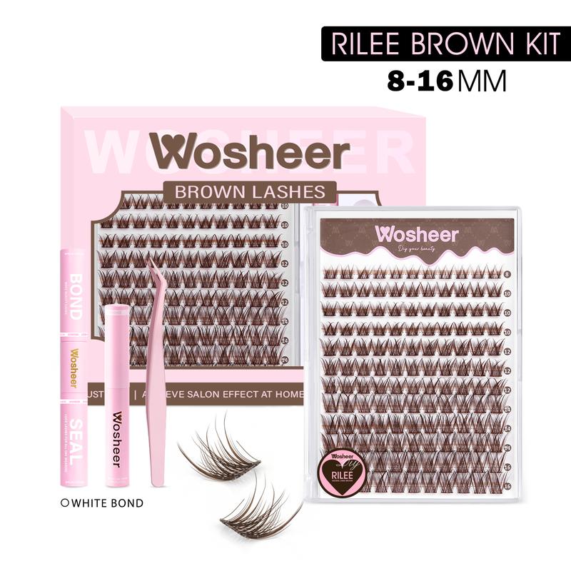 Wosheer Lash Clusters Kit Brown RILEE MERIEDA Soft & Natural Wispy Lash Extension Luxury Clear Band DiY Curling Eye Makeup