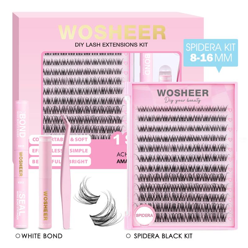 Wosheer Lash Clusters Kit Spidera Kit, Schwarze und braune Stile, weich und natürlich, federleicht und gefühllos – Extensions-Set mit Kleber, Versiegelung, Entferner und Pinzette. Luxuriöses DIY-Augen-Curl-Set.