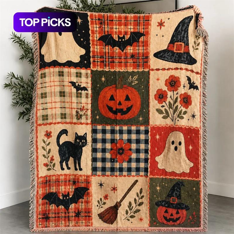 Wovene Kuscheldecke im Halloween-Patchwork-Stil mit Quasten, multifunktional – als Bettdecke, Sofabezug/Couch-Überwurf, Sitzstuhl-Überwurf, Wohnkultur, Wandkunst für den Raum, Wandteppich
