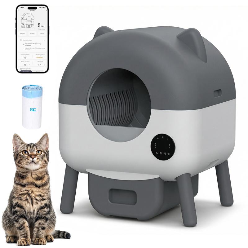 XXXL 76L automatischer selbstreinigender Katzen Toilettenhalter, anti verstopfungs sensoren, App Steuerung, sicher für mehrere Katzen, ohne Schaufel, dunkelgrau