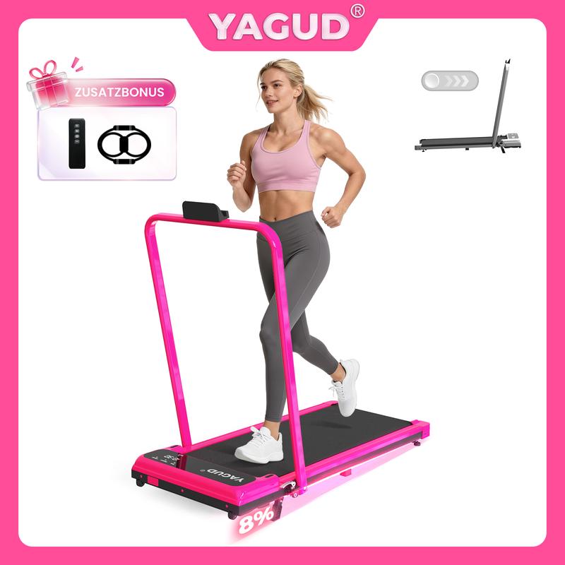 YAGUD Klappbares Laufband, Walking Pad, leiser Motor, bis 120 kg Tragkraft, Fernbedienung, Rollen für einfache Mobilität, Heimtrainer mit Widerstandsbändern, Stoßdämpfung, Home Fitness