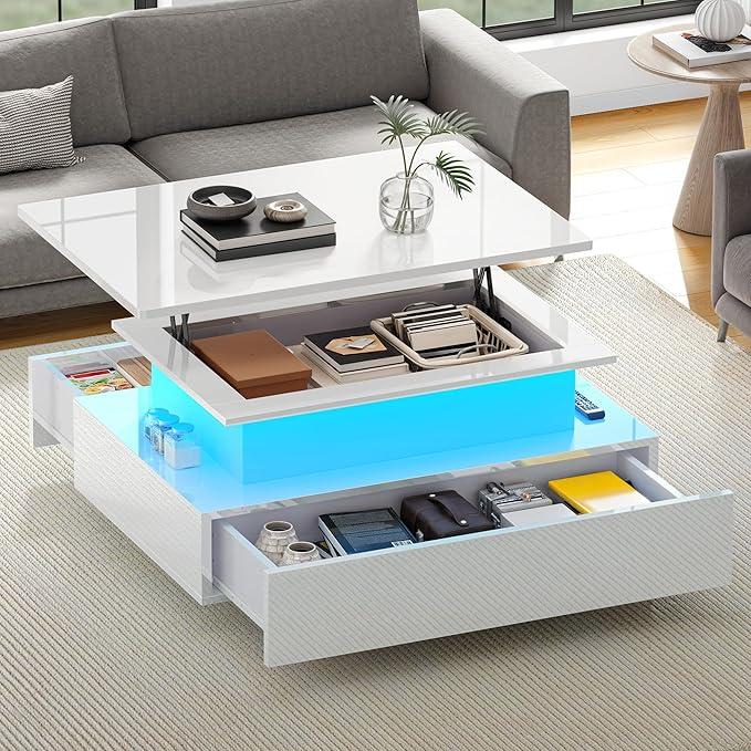 YIAGHOME Hochglanz Couchtisch mit Schublade, Höhenverstellbarer moderner Wohnzimmertisch mit 16 Farbigen LEDs, Sofatisch für das Wohnzimmer