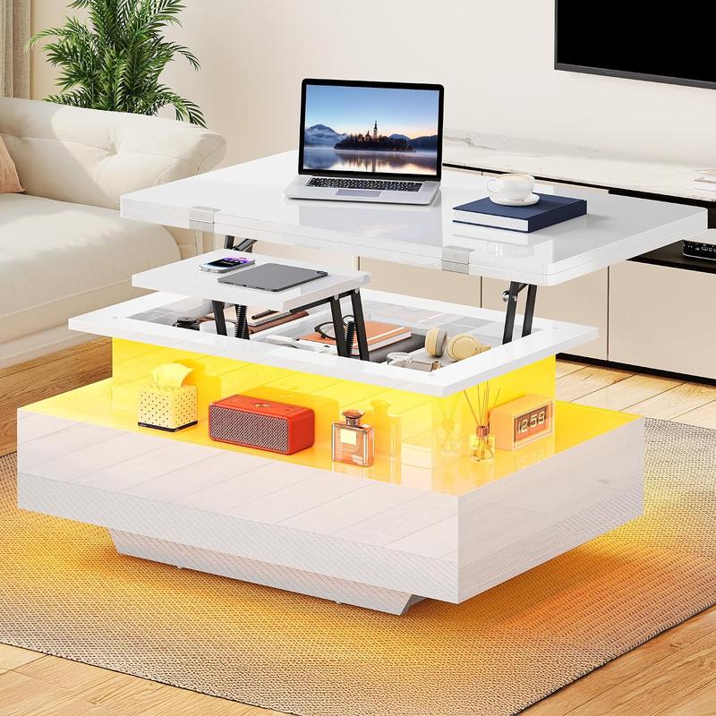 YITAHOME Couchtisch mit Hubplatte, Ausziehbar, mit LED-Beleuchtung, Weiß | 4-in-1-Tisch mit Hubplatte und Ausziehfunktion, 2 Schubladen, verstecktem Stauraum, Hochglanz-Finish und einfacher Montage