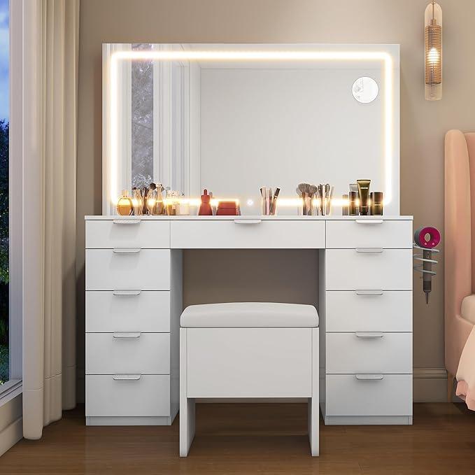 YITAHOME großer Schminktisch mit dimmbarem LED-Beleuchtung und Steckdosen, Schminktisch mit Spiegel, Schminktisch mit 11 Schubladen und Hocker, weiß