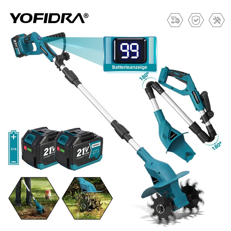 YOFIDRA Kabellose Akku Gartenfräse mit verstellbarem Griff, 2 Lithium-Akkus, leichte Bodenfräse zum Lockern von Gartenboden